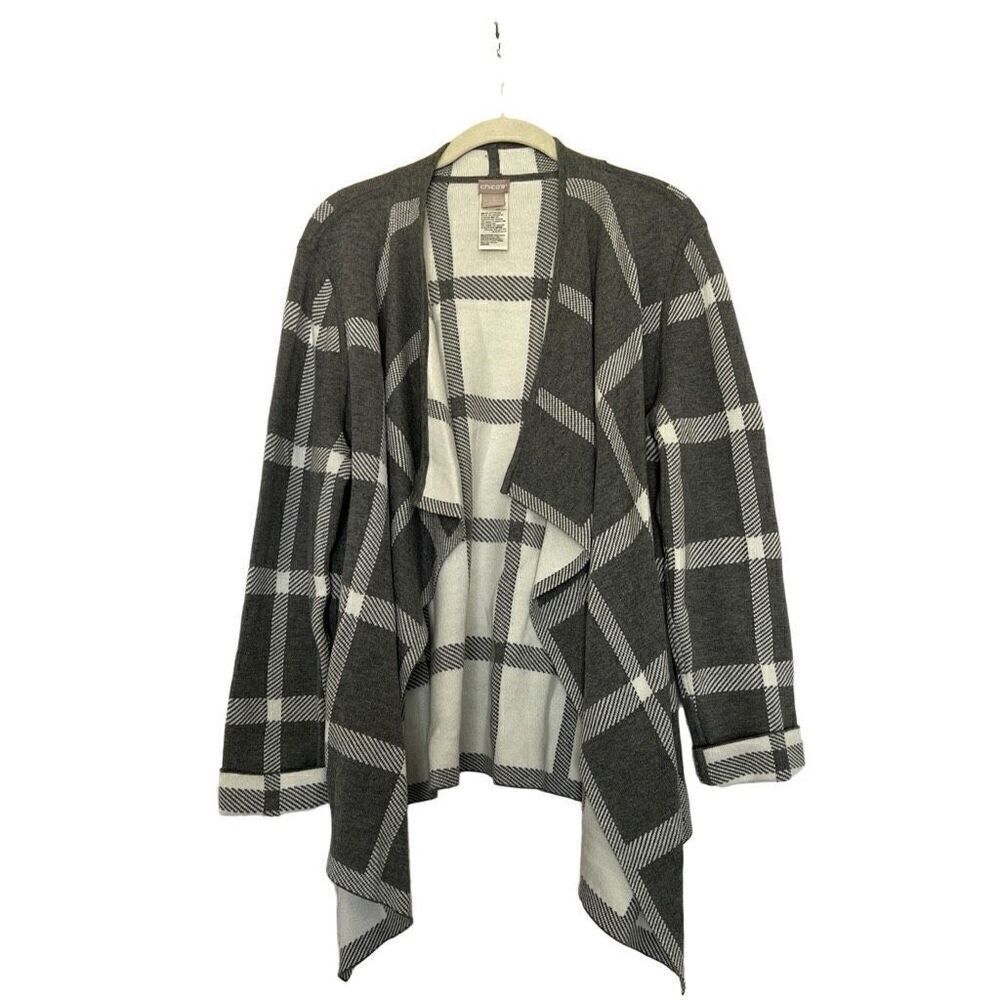 Chico’s Sz.2 L open gray and white cardigan